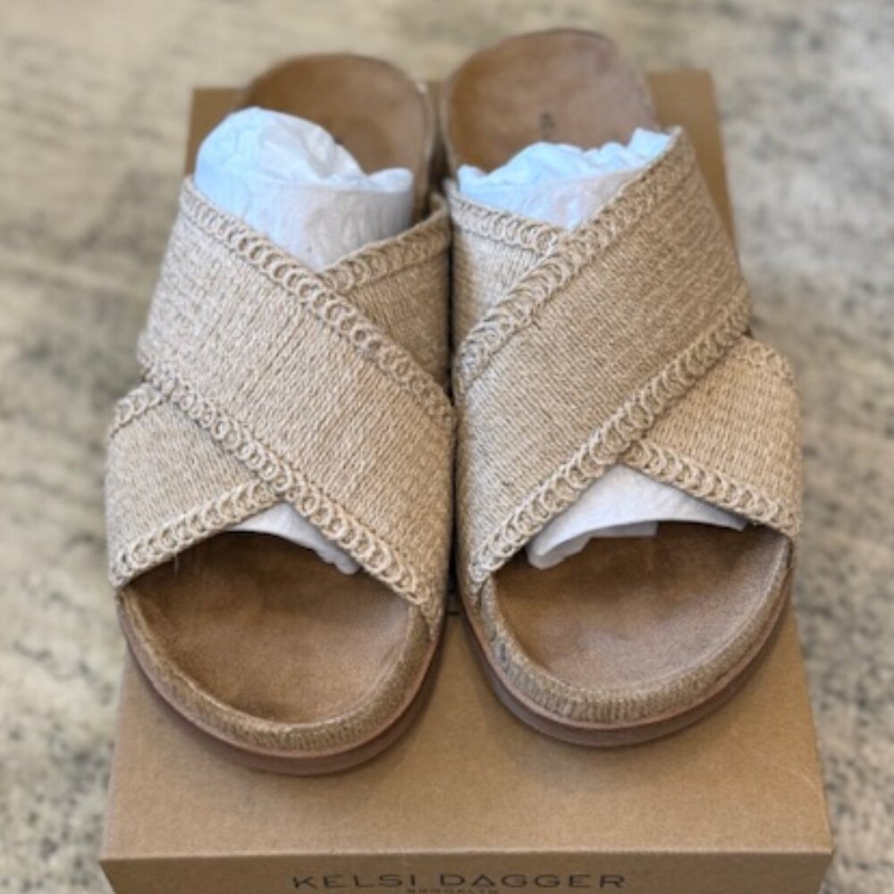 Kelsi Dagger Beige Woven Crossband Slide Sandals